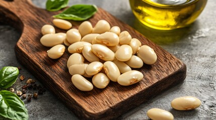 Cooked lima beans resting on a wooden cutting board, isolated with olive oil drizzled nearby