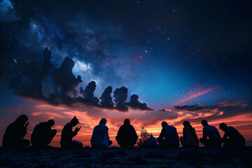 Naklejka premium Diverse Group of People Praying Together in Unity, Glowing Light Symbolizing Faith and Harmony Among Different Religions