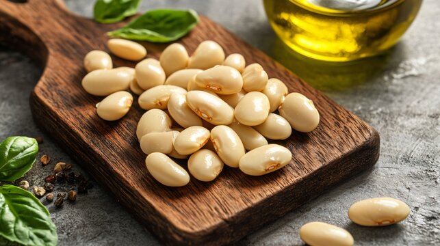 Cooked lima beans resting on a wooden cutting board, isolated with olive oil drizzled nearby