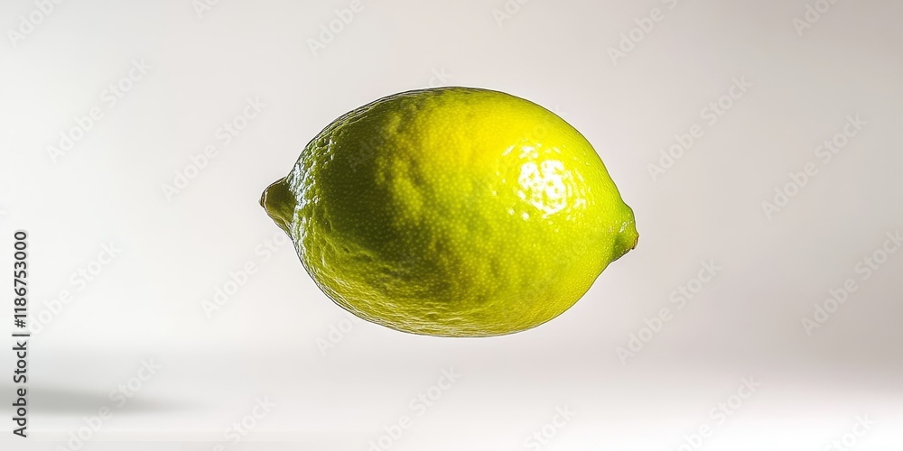Poster a yellow lime is gently floating against a white backdrop, creating a striking contrast with the vib