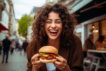Burger Bliss: A young woman with curly hair beams with joy as she holds a delicious-looking burger, captured in a candid moment on a bustling city street.
