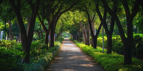 Narrow pathway framed by lush trees creates a serene atmosphere. This small pathway invites exploration, showcasing the beauty of nature along the tree lined route. Enjoy the tranquil small pathway.