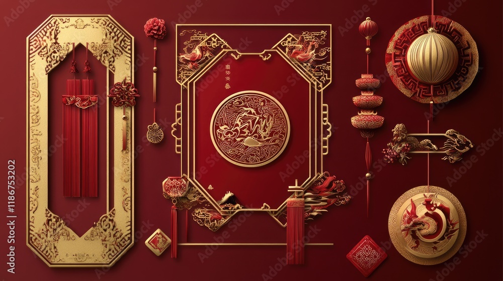 Poster a series of vector chinese frame banners with gold and red elements, capturing traditional symbols a