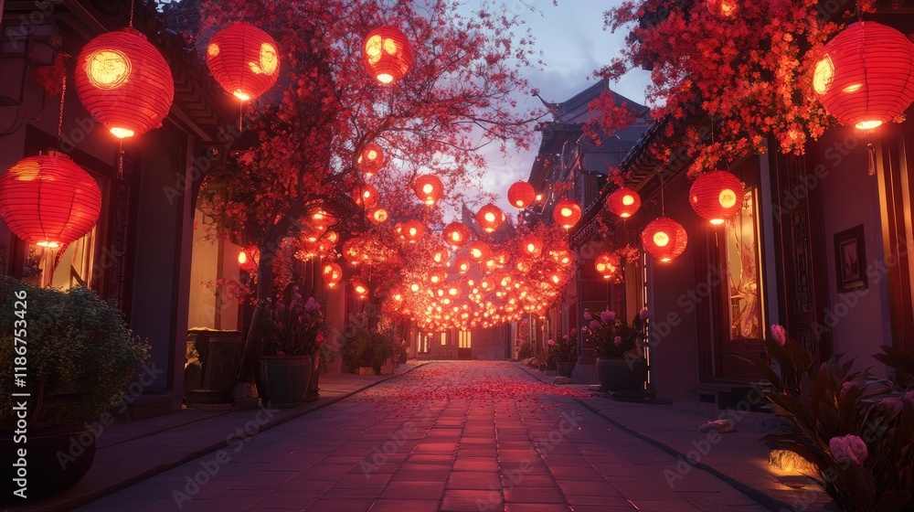 Aufkleber a street lined with glowing red lanterns, radiating warmth and color, creating a lively and festive 
