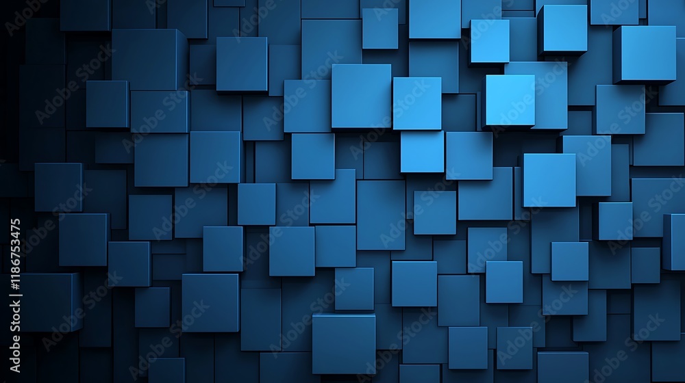 Poster abstract geometric shapes floating in a futuristic blue space, featuring dynamic patterns and depth,