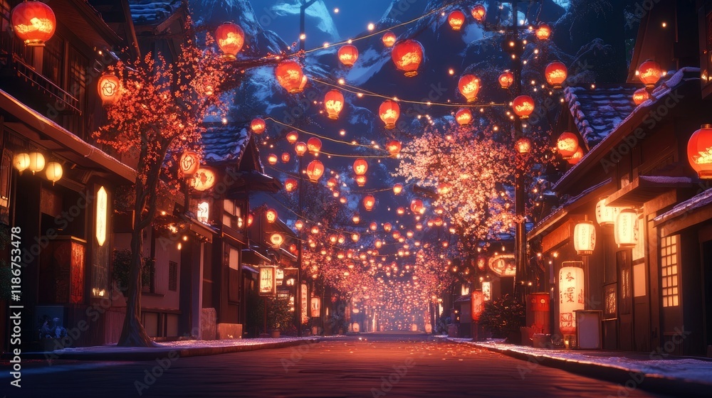 Aufkleber a street lined with glowing red lanterns, radiating warmth and color, creating a lively and festive 