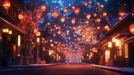 A street lined with glowing red lanterns, radiating warmth and color, creating a lively and festive atmosphere during cultural celebrations.
