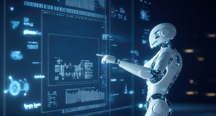 A futuristic humanoid robot standing confidently at the front of a modern conference room, presenting business and economic data.