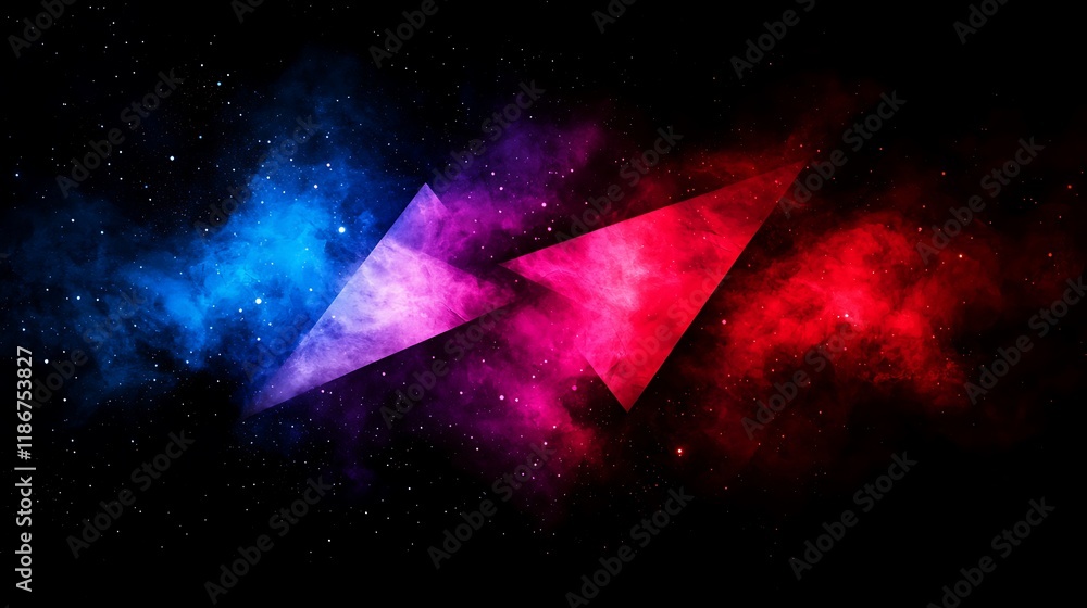 Poster abstract representation of a vibrant digital network with colorful geometric shapes emerging against