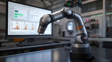 Modern robotic arm analyzing data displayed on a computer screen, optimizing efficiency and precision in a technologically advanced manufacturing plant