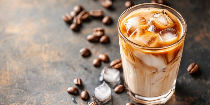 A glass filled with iced coffee that includes milk and ice cubes for a refreshing beverage experience. Enjoy the delightful combination of iced coffee, milk, and ice!
