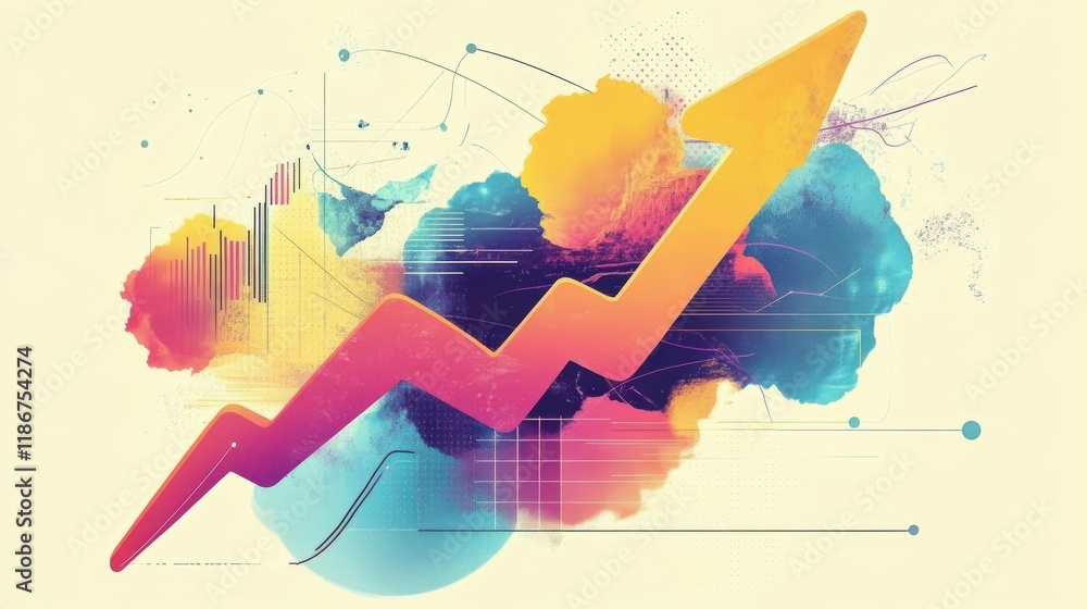 Poster abstract illustration with upward arrow indicating growth and success of business with abstract data