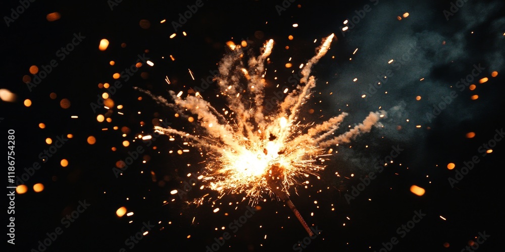 Poster a dramatic close up shot captures an exploding firecracker, set against a solid black background, cr