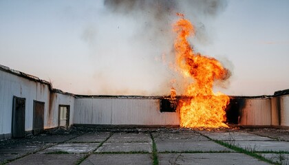 A gloomy scene of a fire breaking out in an abandoned building, flames spreading through the cracks in windows and doors