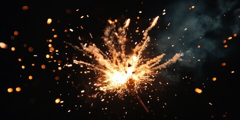 A dramatic close up shot captures an exploding firecracker, set against a solid black background, creating a striking and powerful visual impact.