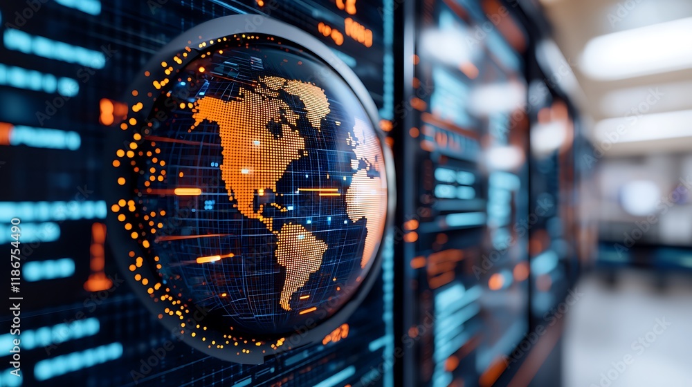 Poster abstract representation of big data analytics with global map visualization and modern digital eleme