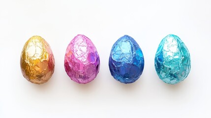 Chocolate easter eggs in colorful foil on white background - obrazy, fototapety, plakaty