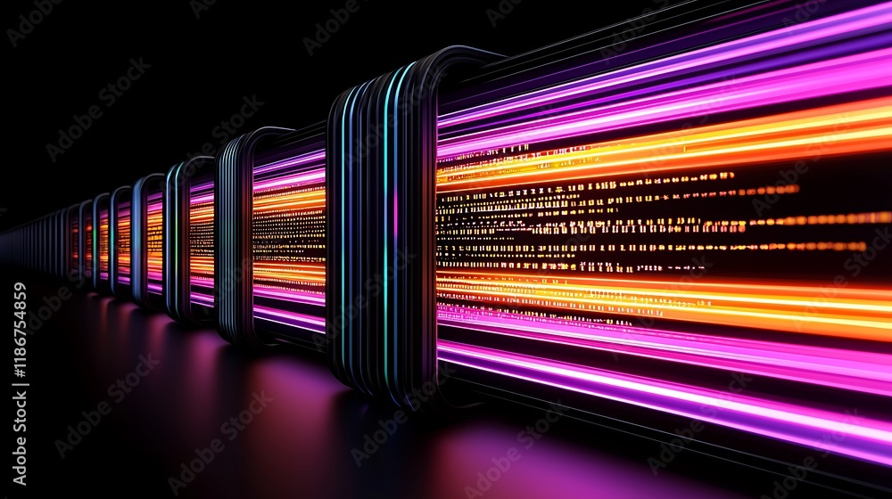 Poster abstract representation of big data analytics with vibrant colors and lines depicting data flow and 