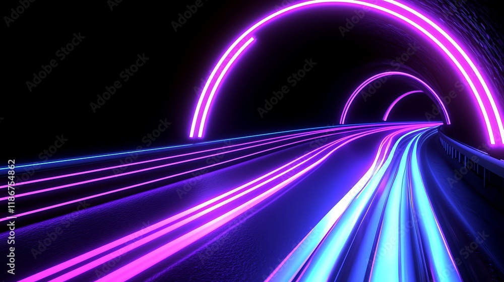 Poster futuristic abstract representation of digital data flow in a glowing tunnel with neon lights creatin