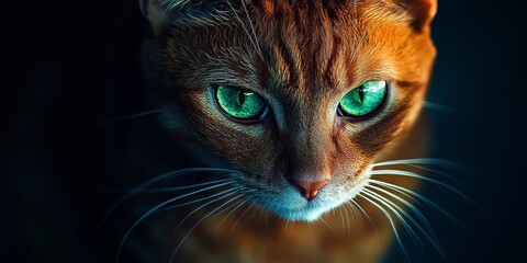 Green eyed cat with short red fur gazes intently at the viewer, showcasing its captivating green eyes. This green eyed cat displays a striking appearance with its vibrant short hair.