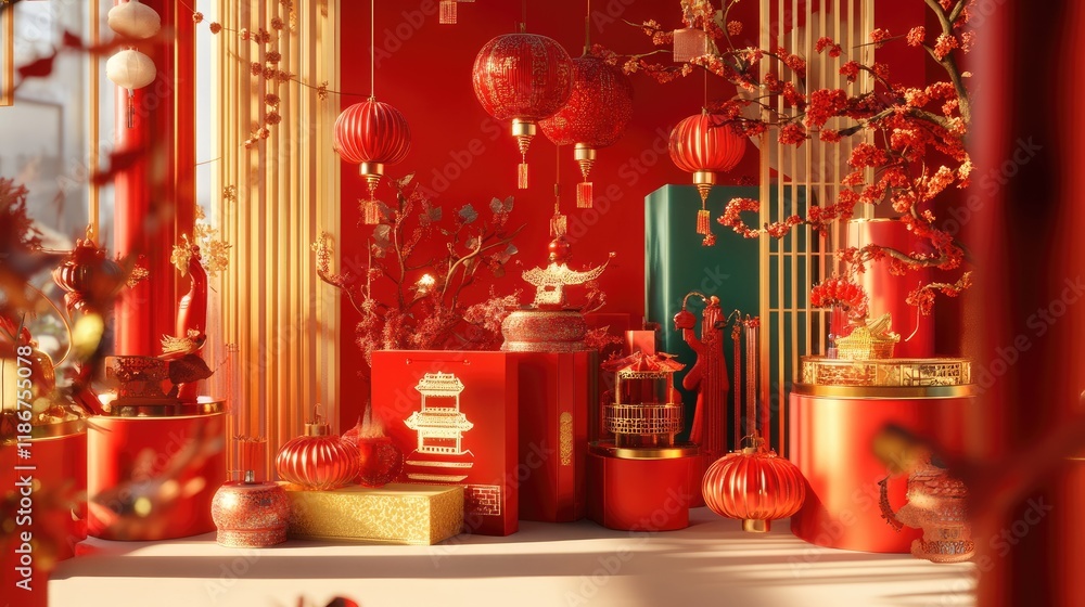 Poster a stylish and festive 3d product display background for chinese new year, complete with vibrant red 