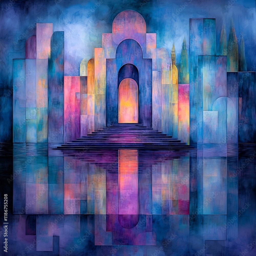Poster mesmerizing kaleidoscopic visuals of luminous shapes and prismatic color fields in a hypnotic undula