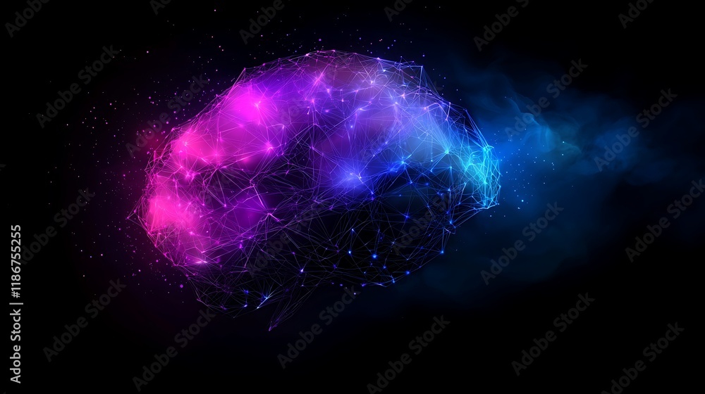 Poster abstract 3d digital rendering of a brain with colorful connections, neural network visualization, te