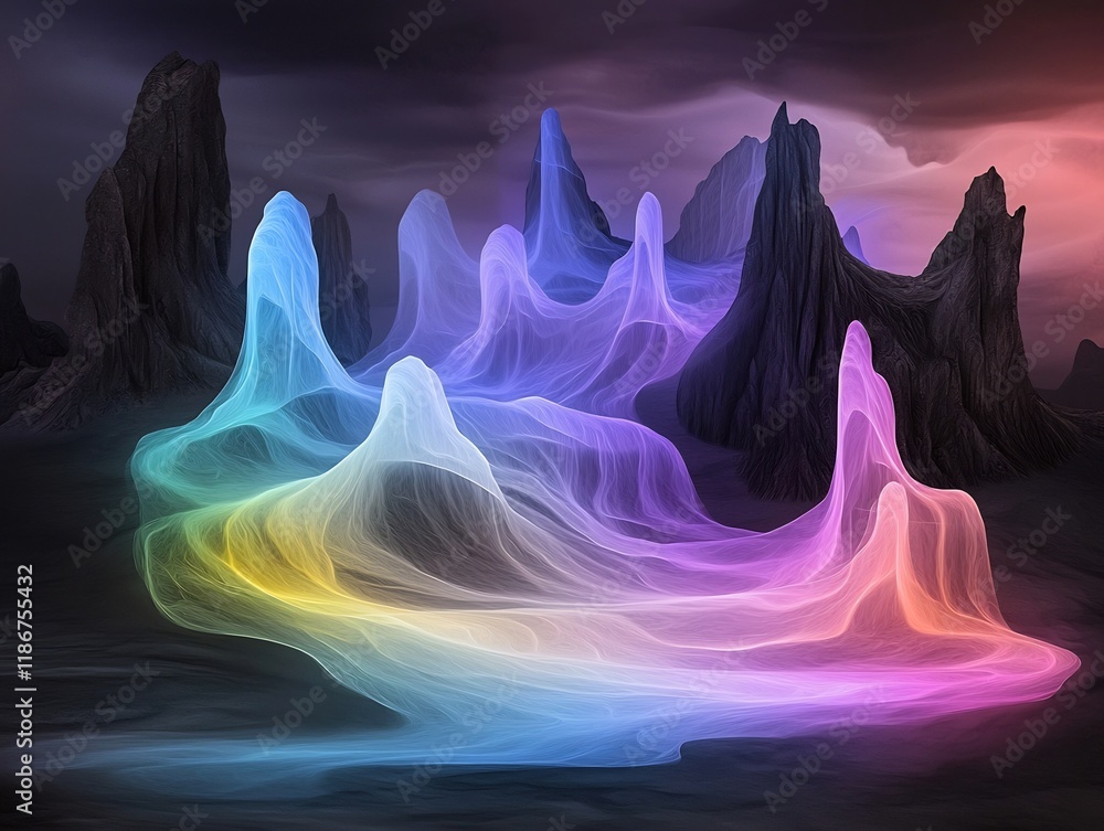Poster captivating luminescent color gradients flowing in a mesmerizing prismatic abstract landscape compos