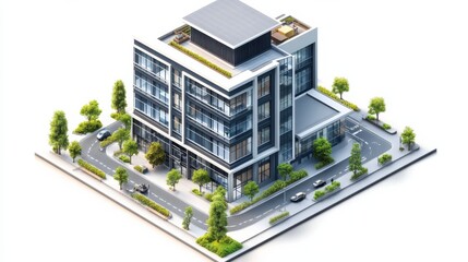 Detailed 3d isometric office building illustration with transparent background, depicting a modern...