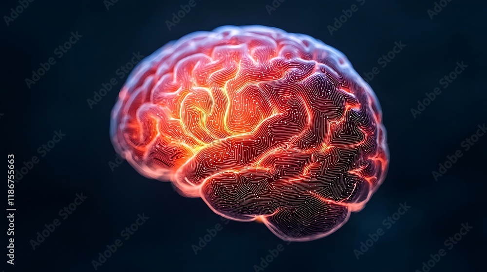 Poster abstract digital art piece portraying a brain with glowing effects, highlighting neural networks and