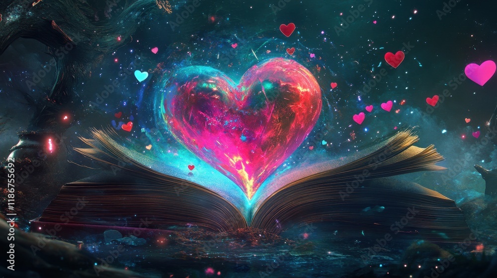 Poster magical heart emerging from an open book in a mystical forest scene