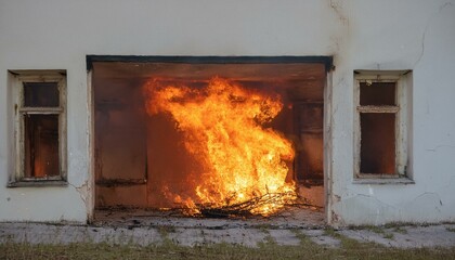 A gloomy scene of a fire breaking out in an abandoned building, flames spreading through the cracks in windows and doors