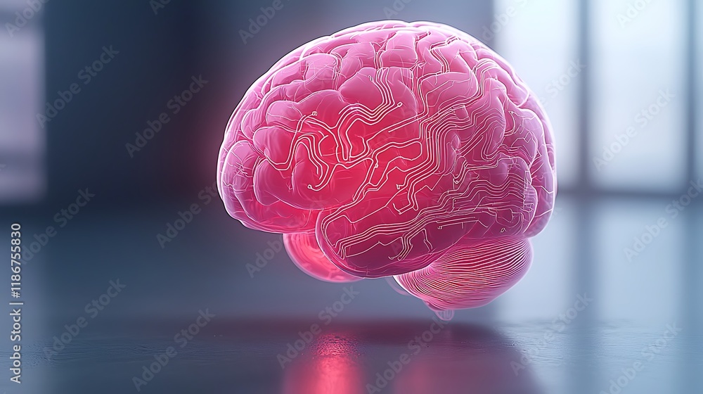 Poster abstract digital art piece portraying a stylized brain with vivid colors and intricate line patterns
