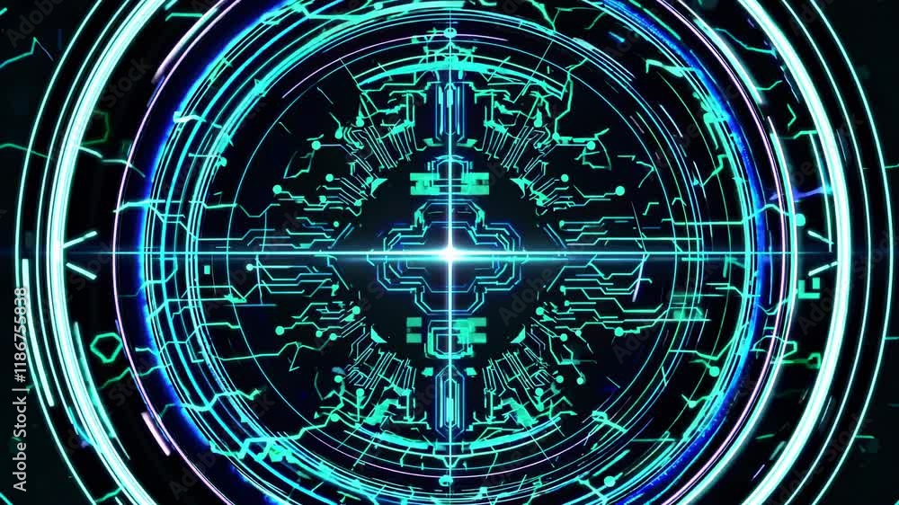 Poster exploring the intricate design of futuristic technology with glowing circuit patterns on a digital p