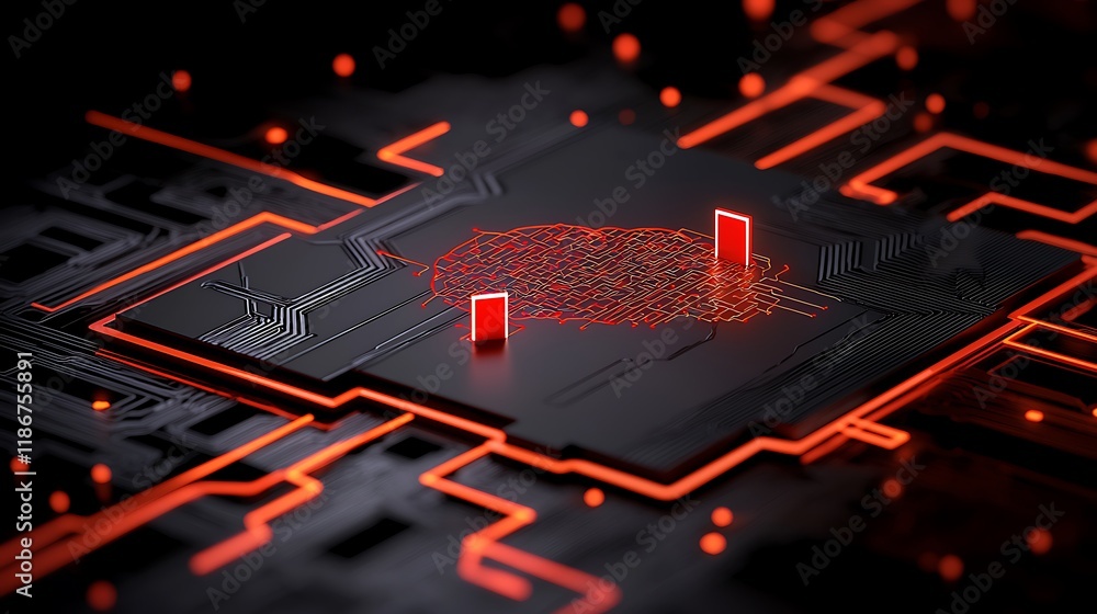 Poster abstract digital art piece portraying complex brain-like circuitry design with vibrant red accents a
