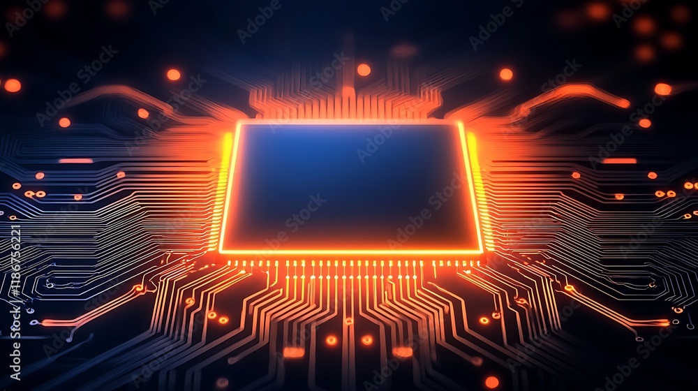 Poster close-up abstract view of a circuit board with neon lighting and complex patterns, ideal for technol