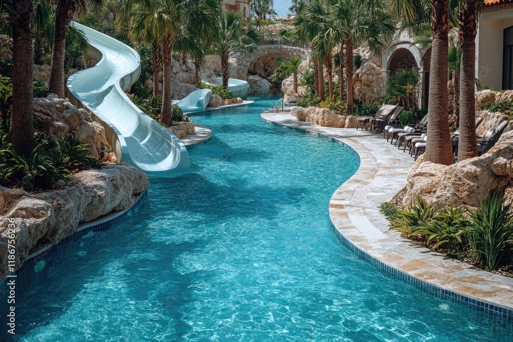 Poster a fun-filled image of a pool with a colorful water slide in the middle, perfect for illustrating out