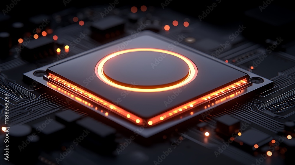 Poster close-up digital motherboard featuring abstract design with orange glow, highlighting technology and