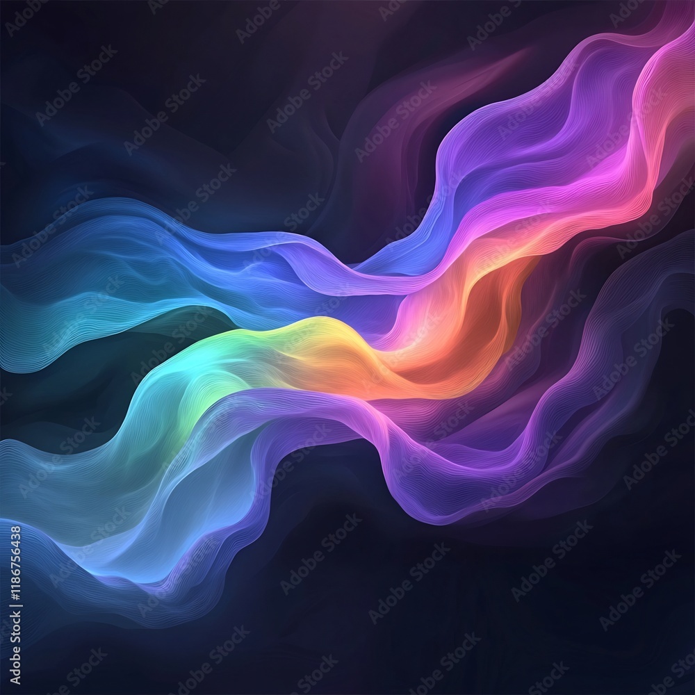 Poster flowing organic iridescent shapes in captivating fluorescent tones create a dynamic and visually str