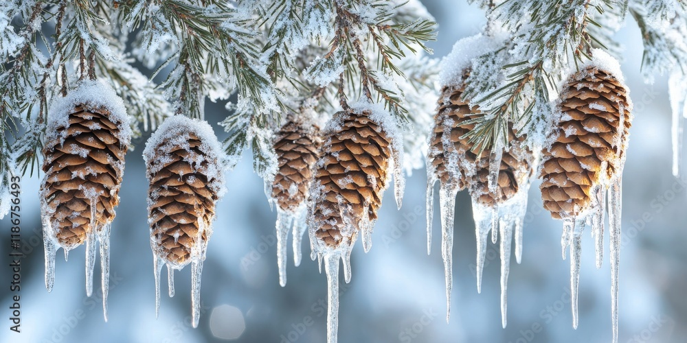 Poster snow laden branches of pine trees showcase enchanting cones and icicles, creating a stunning winter 