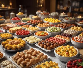A bountiful buffet with an array of colorful dishes and desserts, abundance, colorful dishes, seasonal tableware