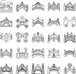 Diverse Bridge Types Iconic Designs, Architectural Styles, Linear Illustrations