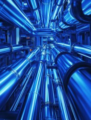 Obraz premium Industrial zone, Steel pipelines in blue tones