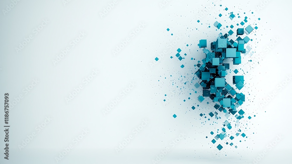 Poster abstract composition featuring dynamic data streams with floating cubes in vivid blue, capturing mot