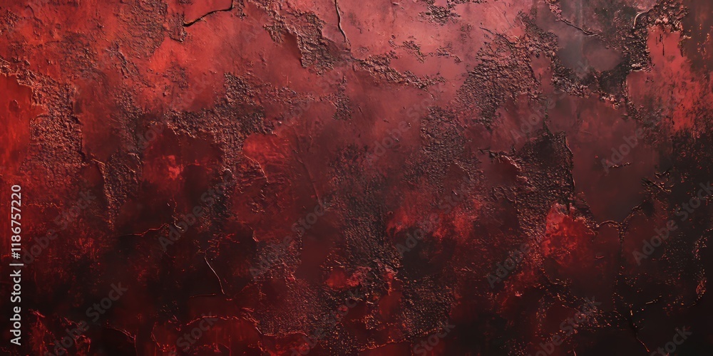 Poster dark red wall texture creates a rough background, evoking a sense of depth with its dark rust and gr