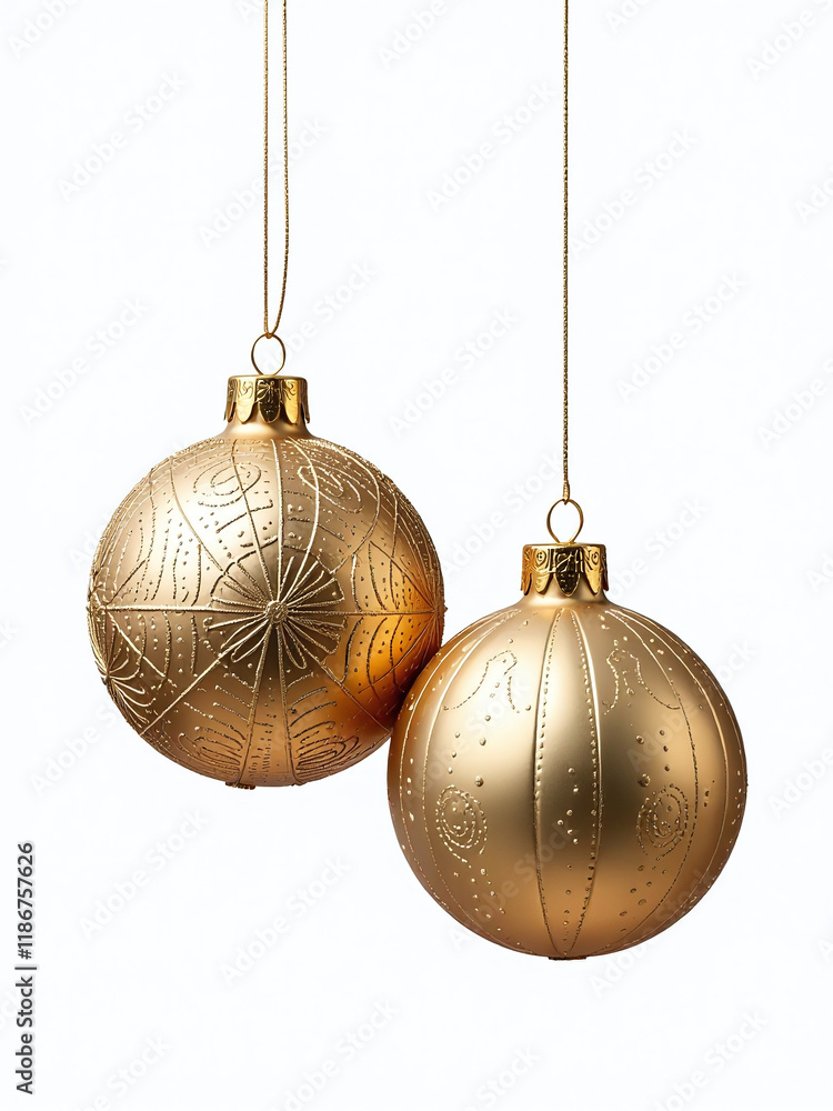 Poster Baubles With Golden Design Hang Isolated On A White Background With Transparent Png Overlay For New Year Decoration. 00002