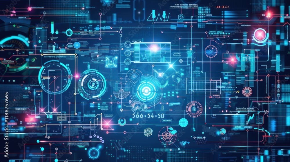 Poster abstract digital technology background with glowing circuit board, nodes, and data streams.