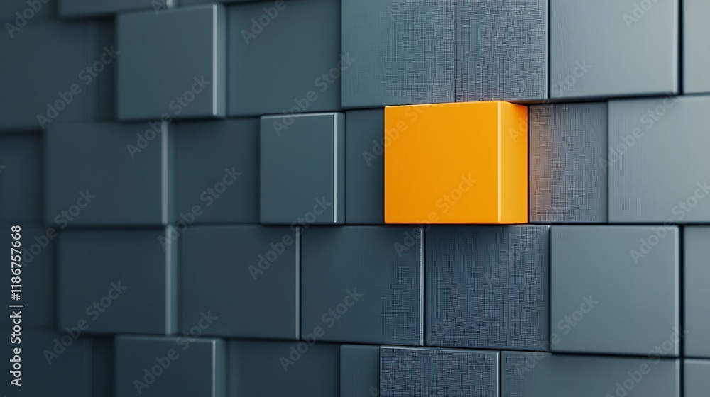 Poster abstract composition featuring a bright orange cube set against a textured gray background of dimens