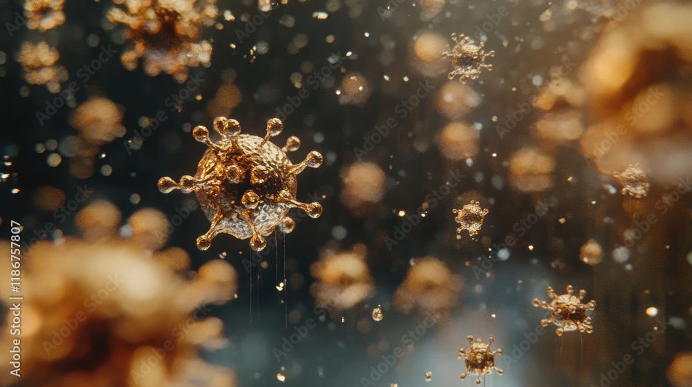 Poster viruses floating in droplets of water showcasing detailed microscopic structures and interactions in