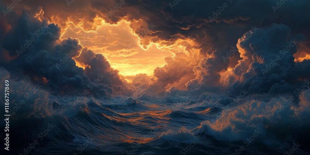 Poster illuminated clouds hover over the sea, as waves crash and water splashes. the dramatic sky follows a